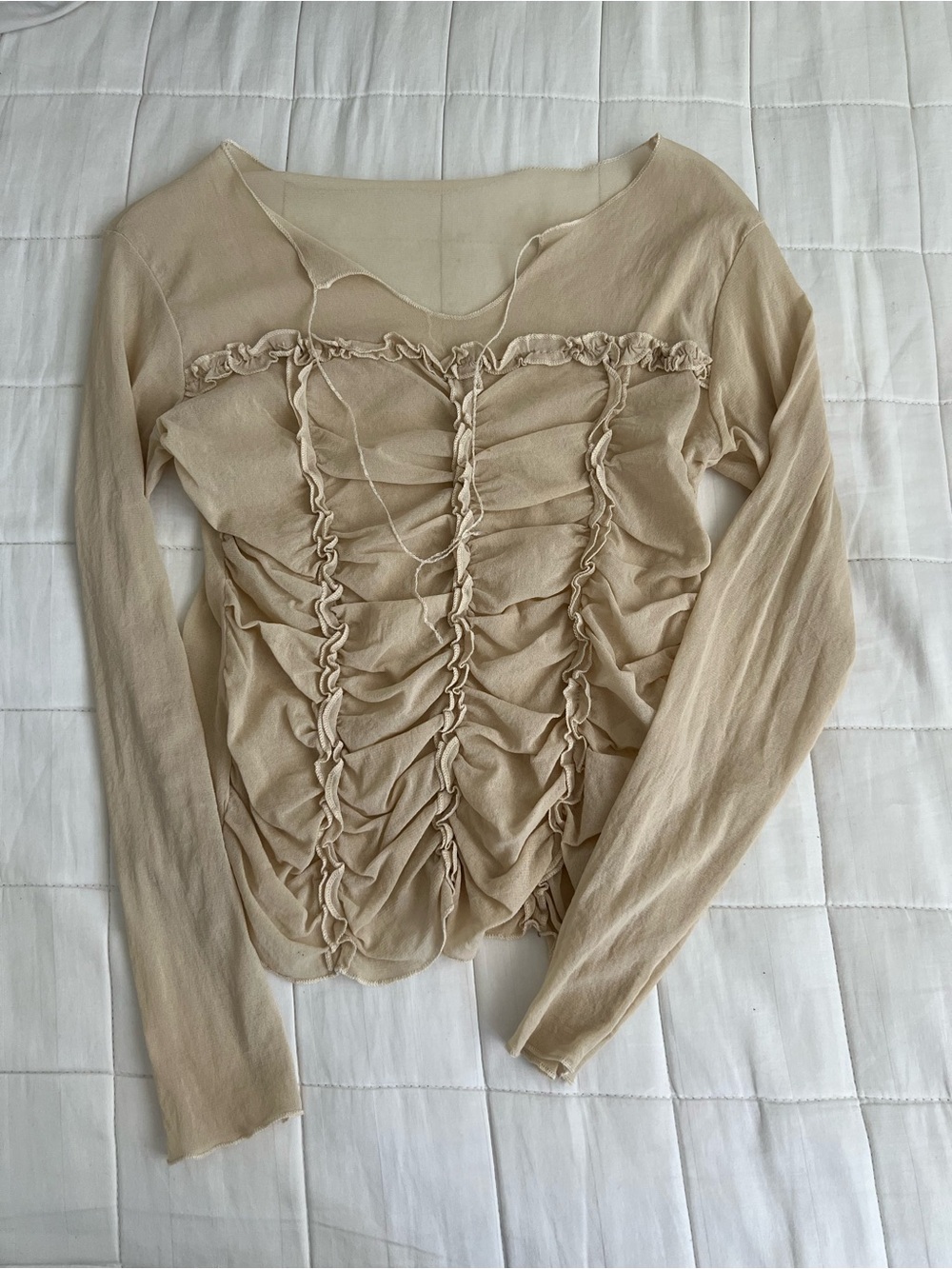 Beige Ruched Long-Sleeve Women's Top
